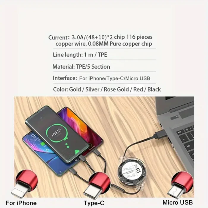 كابل USB قابل للسحب 3 في 1 معتمد من MFI للشحن المتعدد - توافق عالمي مع أجهزة iPhone و Android و Type-C و Micro USB - شاحن محمول للهواتف