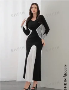 SHEIN Modely فستان نسائي بأكمام طويلة برقبة V وتصميم يشمل فتلات من الألوان، فستان سهرة أنيق بطول ماكسي