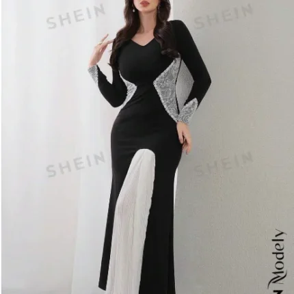 SHEIN Modely فستان نسائي بأكمام طويلة برقبة V وتصميم يشمل فتلات من الألوان، فستان سهرة أنيق بطول ماكسي