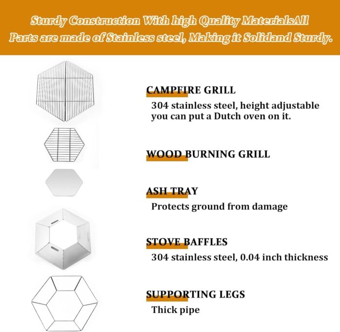 موقد نار قابل للطي للتدفئة في الهواء الطلق، شوايات تخييم من الستانلس ستيل المقاوم للصدأ، حقيبة حمل مع ملقط طويل ولوح ثلاثي القوائم وخطاف سلسلة