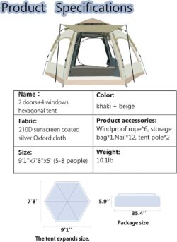 خيمة تخييم سهلة التركيب، عائلية فورية منبثقة ارابيست لـ5-8 اشخاص، تفتح الخيمة بسرعة، مقاومة للرياح وجيدة التهوية، مظلة شمس مريحة ، للتخييم والسفر ، بوليستر، بيج