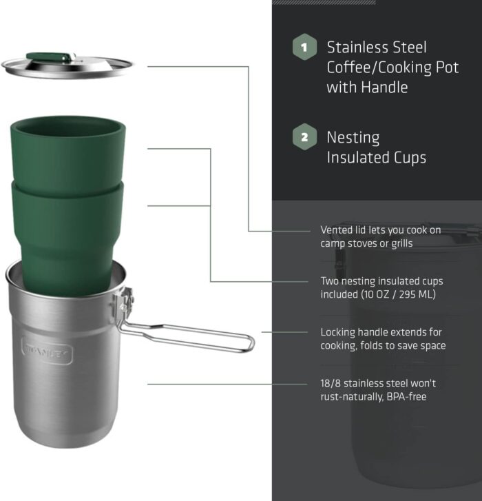 مجموعة طبخ التخييم أدفنتشر كامب من ستانلي - غلاية 710 مل مع كوبين - أواني طهي للتخييم من الستانلس ستيل مع أغطية بفتحات تهوية ومقبض قابل للطي + قفل - وعاء طهي خفيف الوزن لحقيبة...