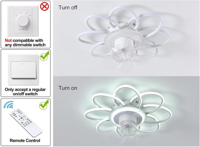 مروحة سقف LED حديثة بتصميم زهرة تتأرجح 360 درجة مع مصباح وجهاز تحكم عن بعد و6 سرعات ومؤقت للمطبخ وغرف المعيشة والطعام من كيوسيوي